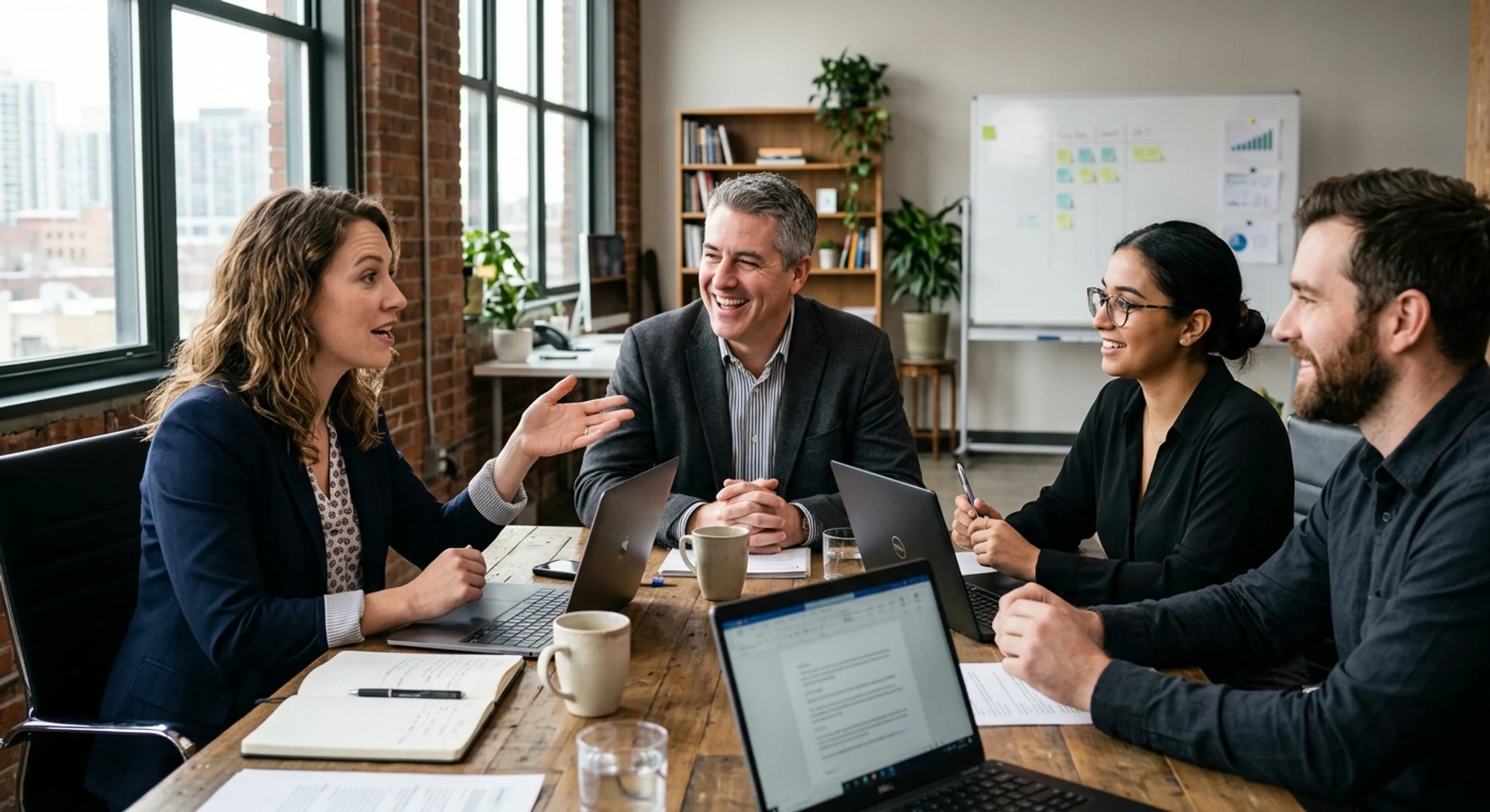 Fotografia editorial ultra-realista de reunião de negócios profissional com colegas ao redor de mesa de conferência, capturando expressões faciais autênticas e gestos naturais durante discussão corporativa, iluminação natural de janela, foco nítido e detalhes precisos em alta resolução.