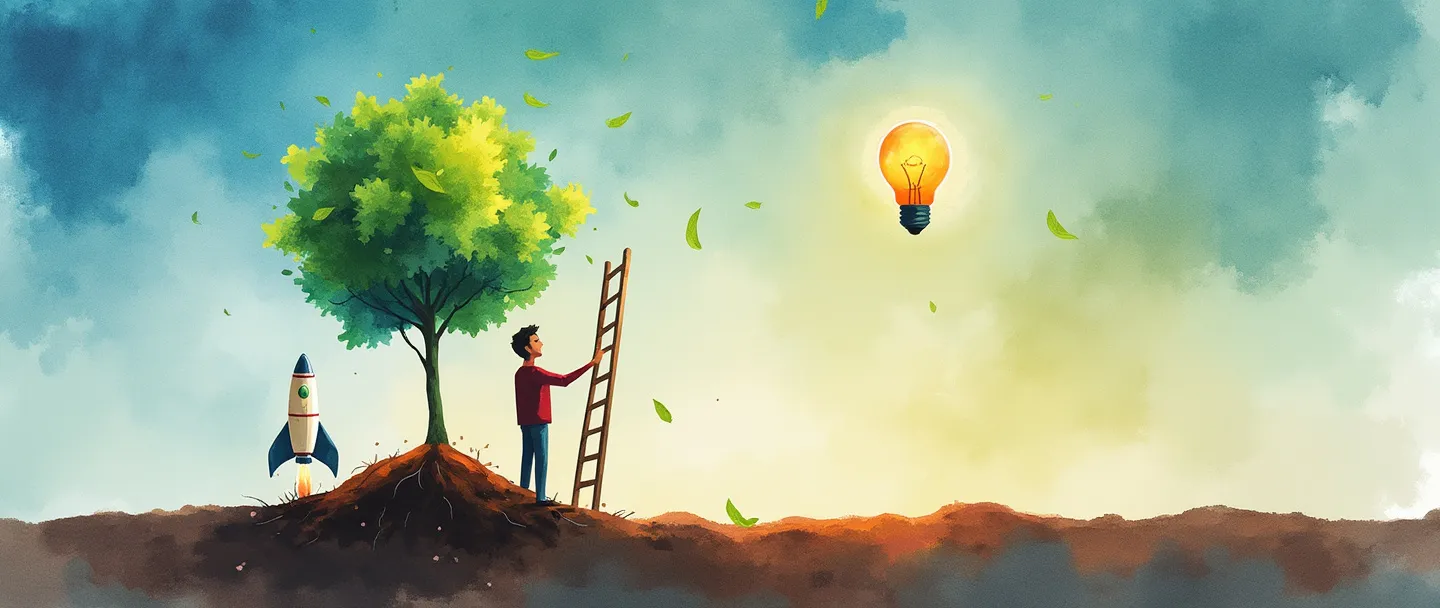 Uma pintura digital em aquarela de uma pessoa plantando uma semente que cresce e se transforma em uma árvore do dinheiro, com uma lâmpada flutuando acima. Um pequeno foguete decola nas proximidades enquanto uma escada está apoiada contra a árvore em crescimento. Composição simples com cores vibrantes, espírito empreendedor, oportunidade e crescimento.