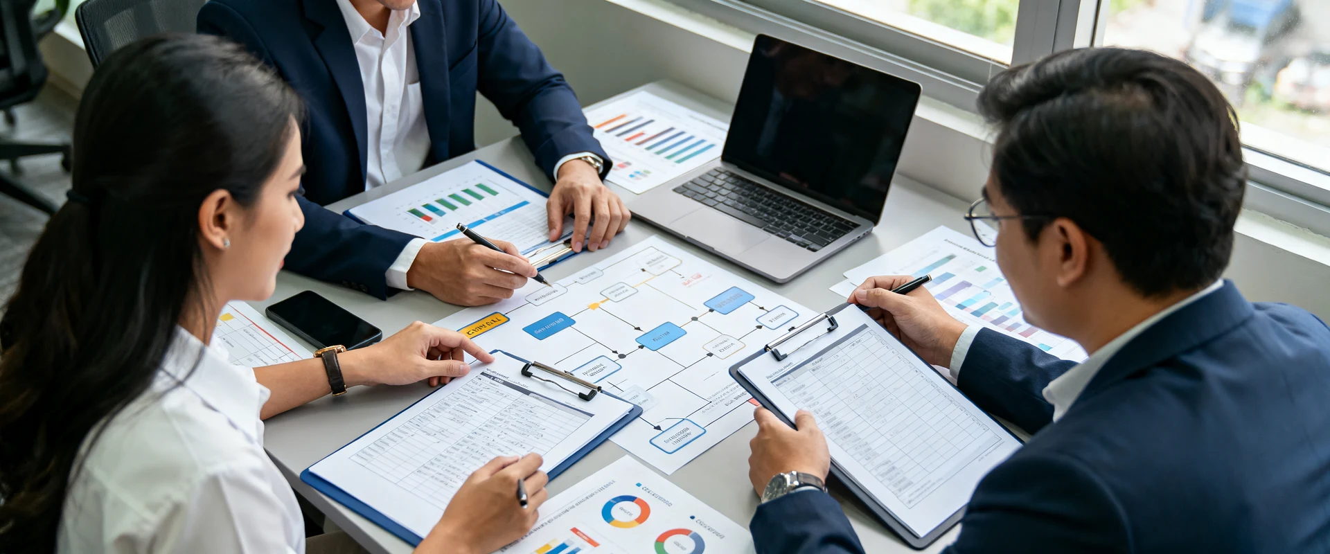 Equipe de negócios diversificada colaborando em escritório, revisando documentos e checklists digitais com gráficos de controle de qualidade, fotografia editorial profissional em alta resolução com luz natural.