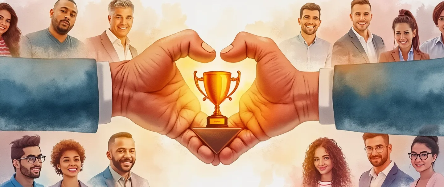 Uma pintura digital em aquarela de duas mãos formando um formato de coração ao redor de um logotipo de marca brilhante. Dentro do coração, um aperto de mãos se conecta a um troféu. Ao redor da imagem central estão clientes fiéis com rostos sorridentes. Composição simples com cores quentes transmitindo confiança, lealdade e conexão com a marca.