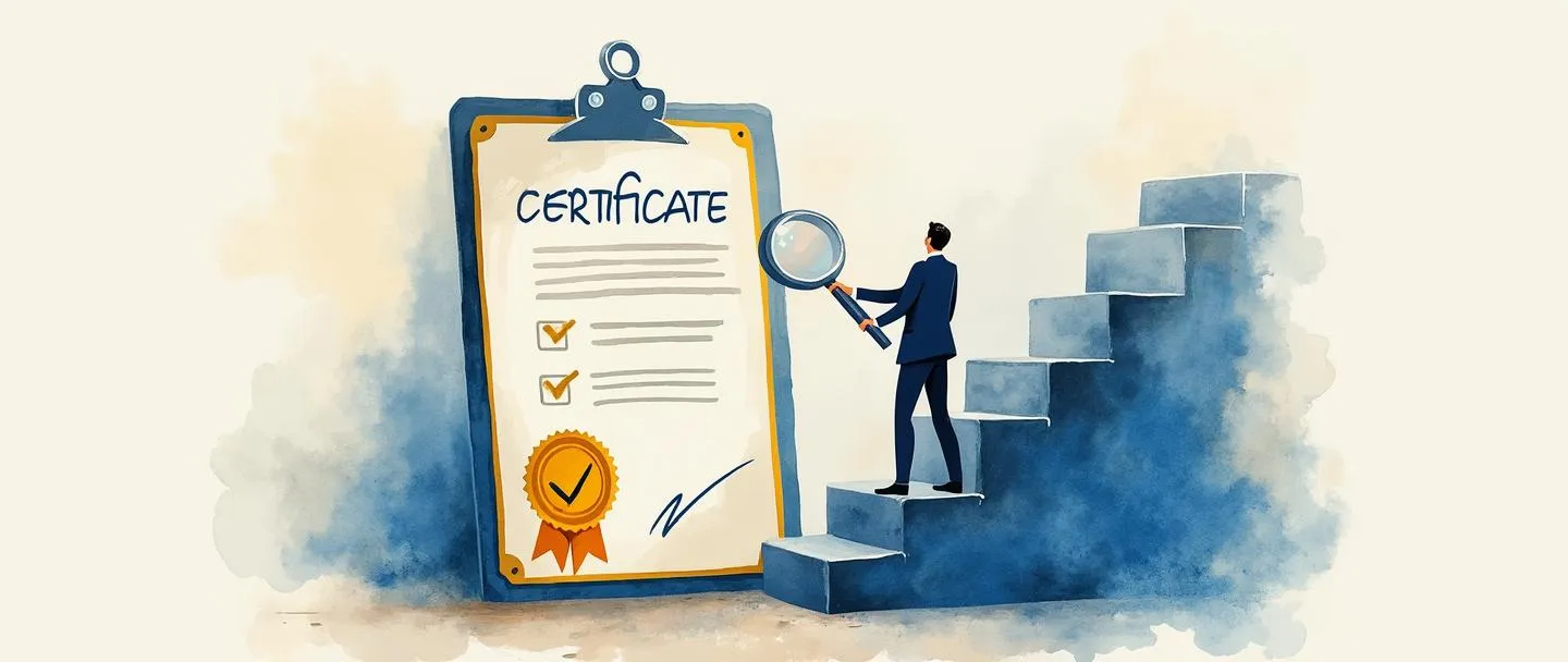 Uma pintura digital em aquarela de um certificado com um selo dourado, cercado por degraus ascendentes que levam a uma marca de verificação em uma prancheta. Uma pessoa em traje de negócios está subindo os degraus enquanto segura uma lupa examinando padrões de qualidade. Composição simples com tons de azul e dourado transmitindo profissionalismo e conquista.