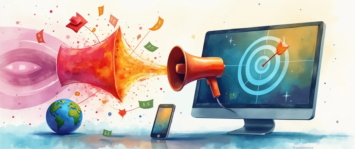 Uma pintura digital em aquarela de uma tela de computador exibindo um anúncio colorido, com um megafone emitindo ondas vibrantes que se conectam a smartphones e um globo. Símbolos de dinheiro flutuam ao redor dos pontos de conexão, enquanto um alvo com uma flecha no centro está próximo. Composição simples, cores vivas, conceito de publicidade na web.