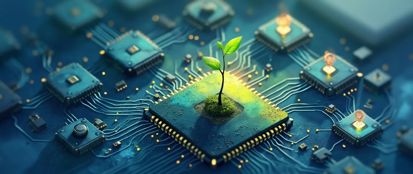 Uma pintura digital em aquarela de um chip de computador com engrenagens brotando e lâmpadas, conectado a uma pequena rede de nós brilhantes. Uma muda cresce do centro, alcançando em direção a um sol digital. Composição simples com azuis e verdes vibrantes, representando crescimento tecnológico e inovação.