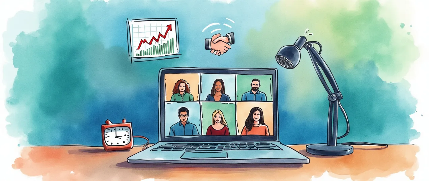 Uma pintura digital em aquarela de uma tela de laptop exibindo uma videoconferência com vários participantes, um microfone e um gráfico de vendas com tendência ascendente. Um ícone de aperto de mãos flutua acima, com um pequeno calendário e relógio próximos. Composição simples com vibrantes tons de azul e verde, transmitindo educação de vendas online.