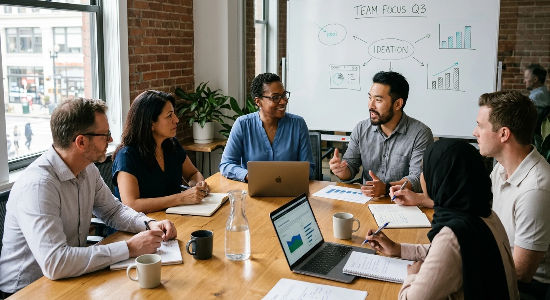 Equipe de negócios diversificada colaborando em reunião ao redor de mesa de conferência, com líder atento às ideias dos colegas. Fotografia editorial ultra-realista capturando momento autêntico de trabalho em equipe corporativo.