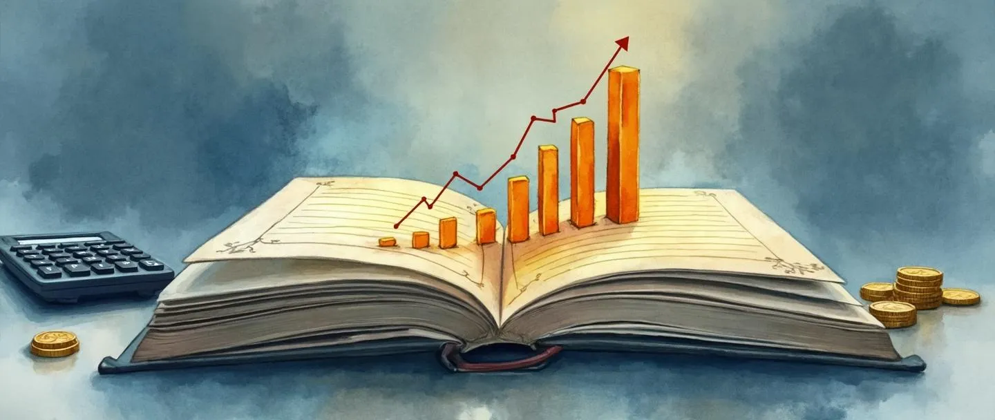 Uma pintura digital em aquarela de um livro aberto com linhas de registro organizadas se transformando em um gráfico estruturado. Uma calculadora está próxima enquanto algumas moedas e um pequeno gráfico de barras surgem das páginas. Composição simples com tons suaves de azul e dourado, transmitindo organização financeira e sistemas de contabilidade empresarial.