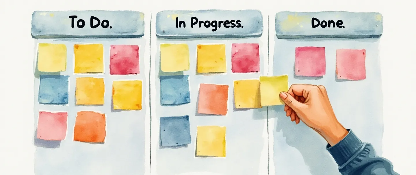 Uma pintura digital em aquarela de um quadro kanban com notas adesivas coloridas organizadas em três colunas rotuladas "A Fazer", "Em Andamento" e "Concluído". Uma mão está movendo uma nota de uma coluna para outra. Visualização simples de fluxo de trabalho com elementos mínimos, design limpo e cores pastéis suaves.