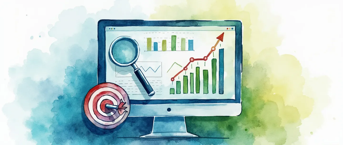 Uma pintura digital em aquarela de uma tela de computador exibindo gráficos coloridos, com uma interface de painel mostrando métricas de marketing. Uma lupa paira sobre um gráfico de barras em ascensão, enquanto um pequeno alvo com uma flecha no centro está próximo. Composição simples com tons vibrantes de azul e verde, profissional mas acessível.