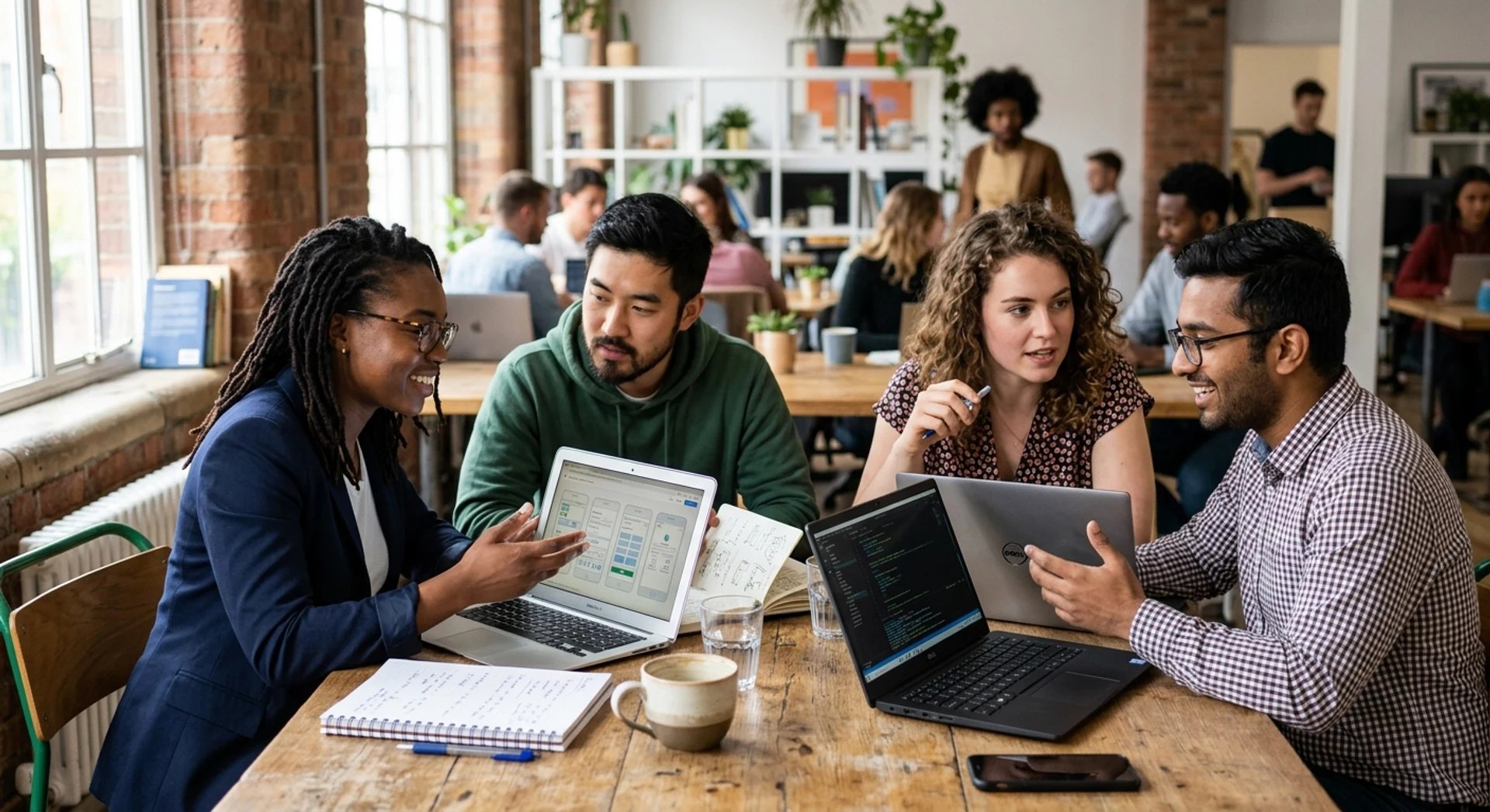 Jovens empreendedores colaborando em escritório moderno de startup, trabalhando com laptops ao redor de mesa de madeira. Fotografia editorial profissional capturando momento autêntico de trabalho em equipe e inovação empresarial.