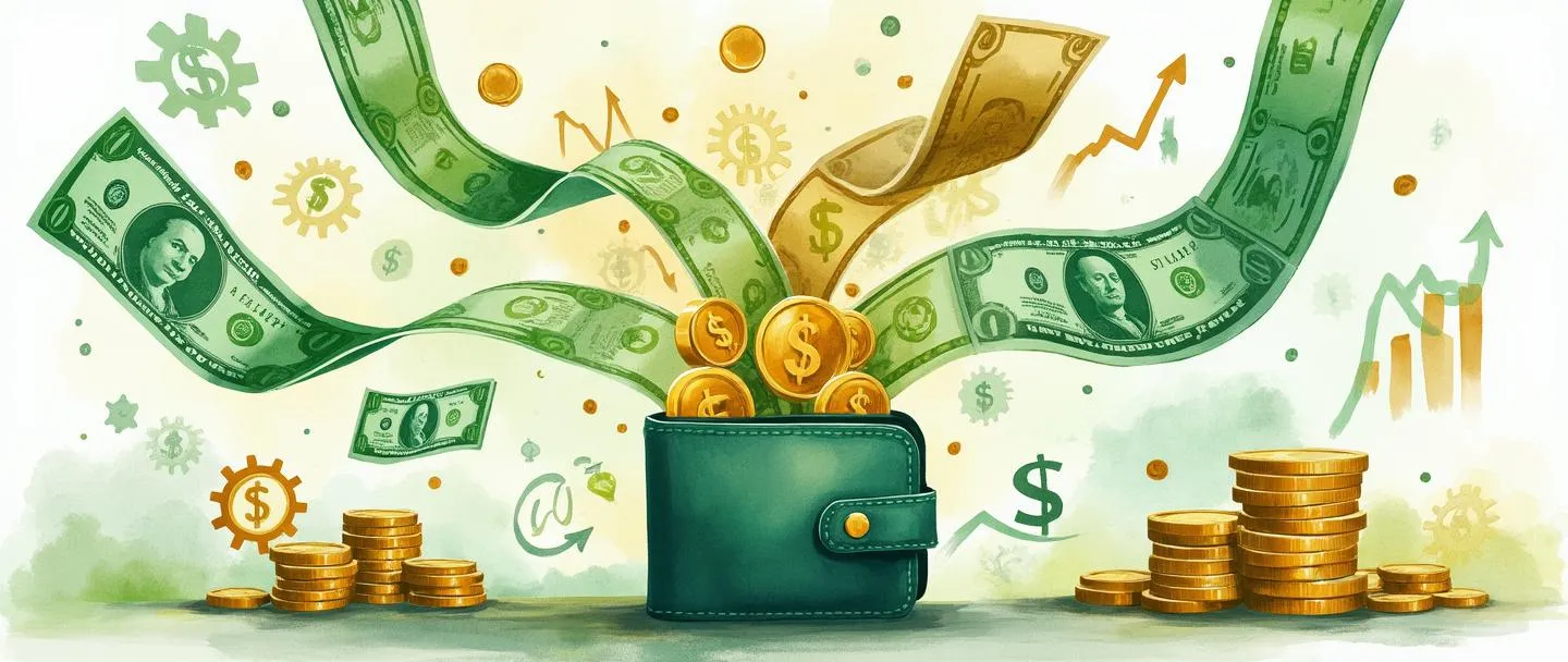 Uma pintura digital em aquarela de notas de dólar e moedas se transformando em vários símbolos como engrenagens, gráficos e lâmpadas. Uma carteira central se conecta a múltiplos fluxos de receita representados por fitas fluidas de moeda. Composição simples com verdes vibrantes e dourados contra um fundo limpo, transmitindo modelos de monetização.
