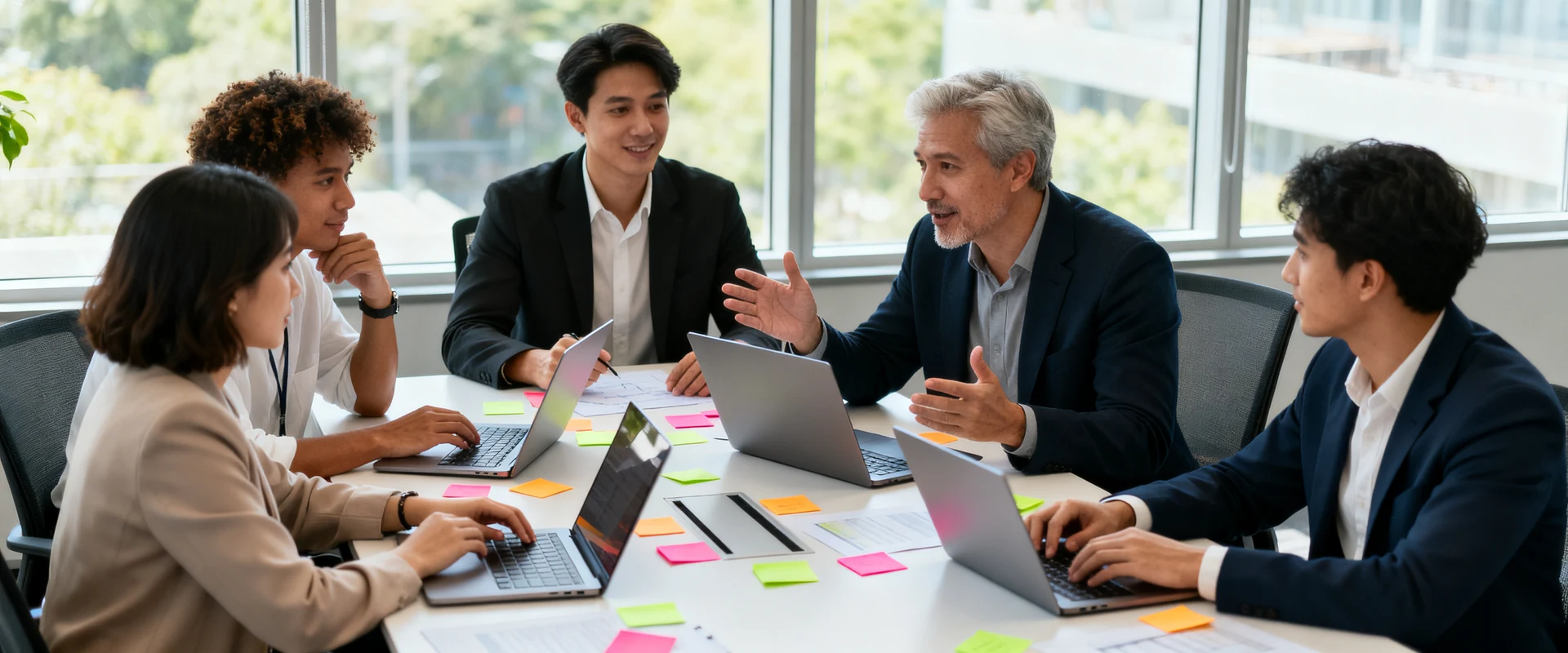 Fotografia editorial ultra-realista de grupo diverso de profissionais colaborando em sessão de brainstorming ao redor de mesa de conferência moderna, com laptops e post-its, capturando momento autêntico de trabalho em equipe e inovação empresarial.