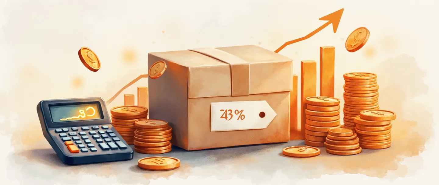 Uma pintura digital em aquarela de uma caixa de produto com uma etiqueta de preço, cercada por gráficos de barras ascendentes e moedas flutuantes. Uma calculadora está próxima com um símbolo de porcentagem brilhante em sua tela. Composição simples com cores quentes, transmitindo análise de lucratividade de produto.