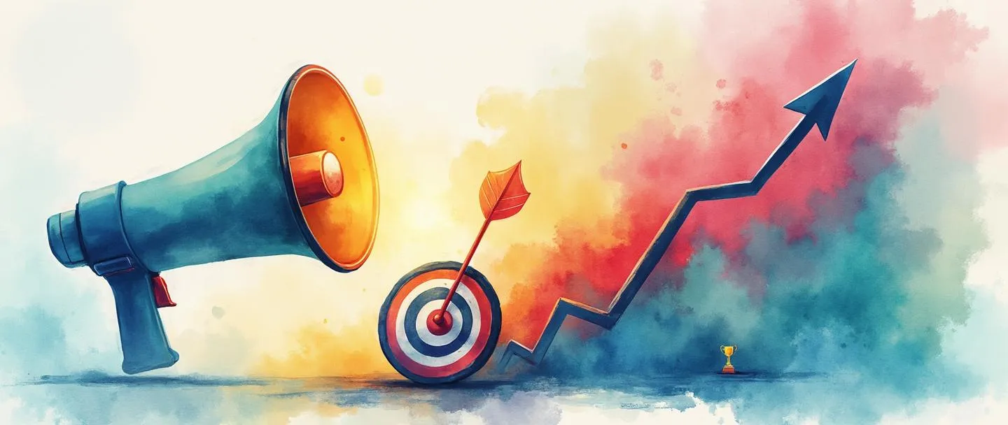 Uma pintura digital em aquarela de um megafone emitindo ondas coloridas que se transformam em um gráfico ascendente. Um alvo com uma flecha no centro flutua próximo, enquanto um pequeno troféu brilha no canto. Composição simples com cores vibrantes, transmitindo o sucesso de uma estratégia promocional.