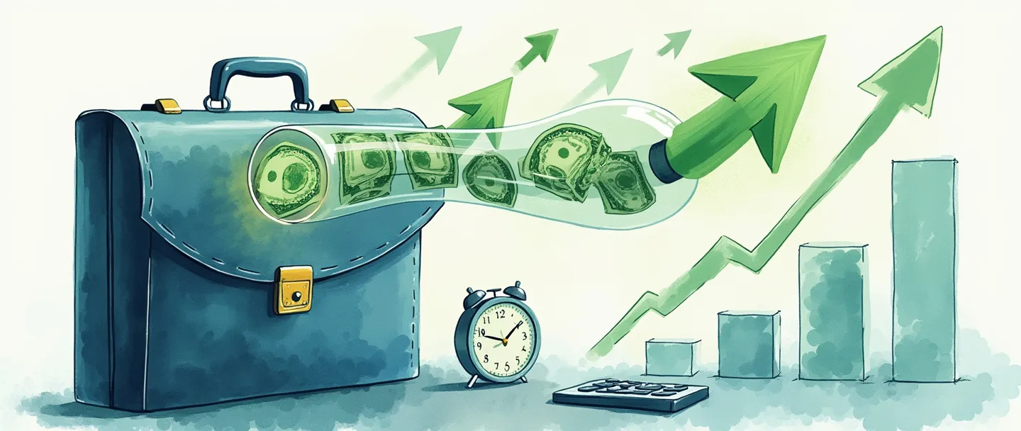 Uma pintura digital em aquarela de fluxos de caixa convergindo para uma pasta executiva. Símbolos de dinheiro fluem através de um sistema de tubos transparentes, com setas verdes mostrando a direção operacional positiva. Um pequeno calendário e uma calculadora estão próximos, enquanto um gráfico simples ascendente mostra a saúde financeira. Estilo limpo e profissional com tons de azul e verde.