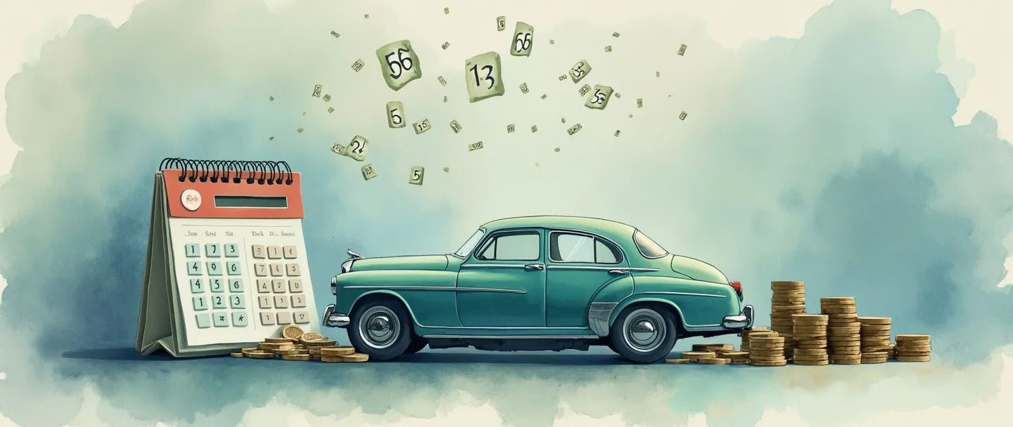 Uma pintura digital em aquarela de uma calculadora com números desbotados flutuando acima dela, ao lado de um carro antigo depreciado tornando-se transparente. Um calendário com páginas caindo está próximo, enquanto moedas gradualmente diminuem de tamanho da esquerda para a direita. Composição simples com tons suaves de azul e verde, transmitindo o conceito de depreciação fiscal ao longo do tempo.