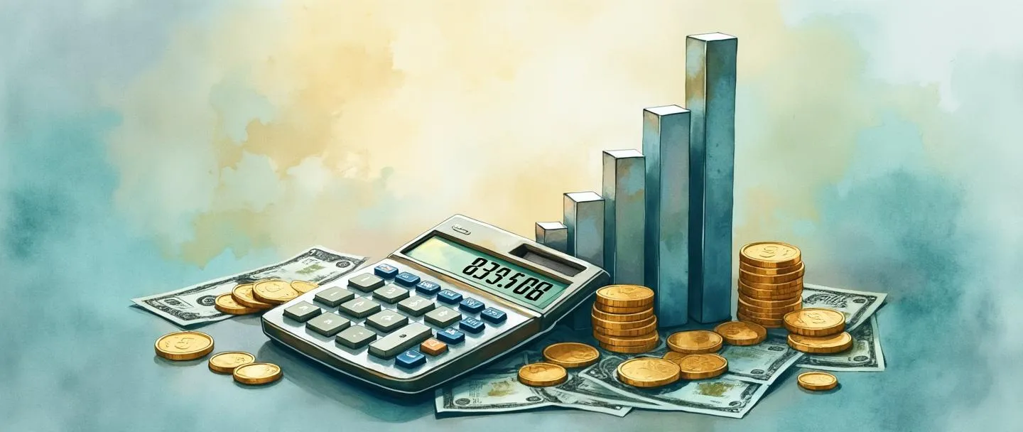 Uma pintura digital em aquarela de uma calculadora exibindo porcentagens com moedas e notas de dinheiro fluindo ao seu redor. Um gráfico de barras simplificado se eleva com a parte superior destacada em dourado, representando o lucro bruto. Composição limpa com tons suaves de azul e verde contrastando com elementos dourados, transmitindo análise financeira.