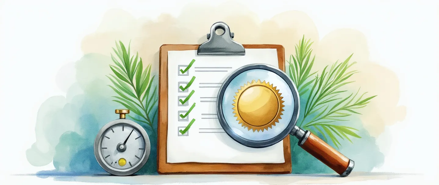 Uma pintura digital em aquarela de uma lupa examinando uma prancheta com uma lista de verificação, ao lado de um certificado com um selo dourado. Um medidor de controle de qualidade com indicadores verdes está próximo. Cores limpas e profissionais com composição simples mostrando precisão e excelência.
