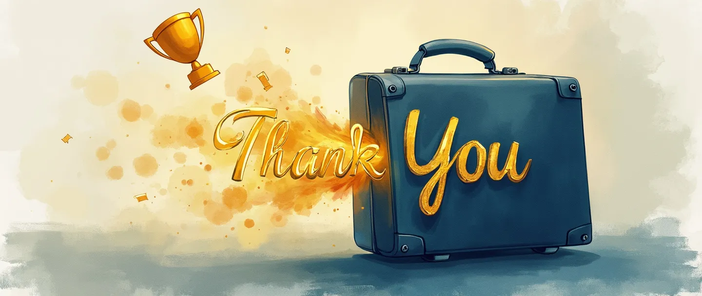 A digital watercolor painting of a stylized briefcase with a golden "Thank You" emerging from it. A small trophy and handshake icon float above. Simple composition, professional color palette, gratitude theme.