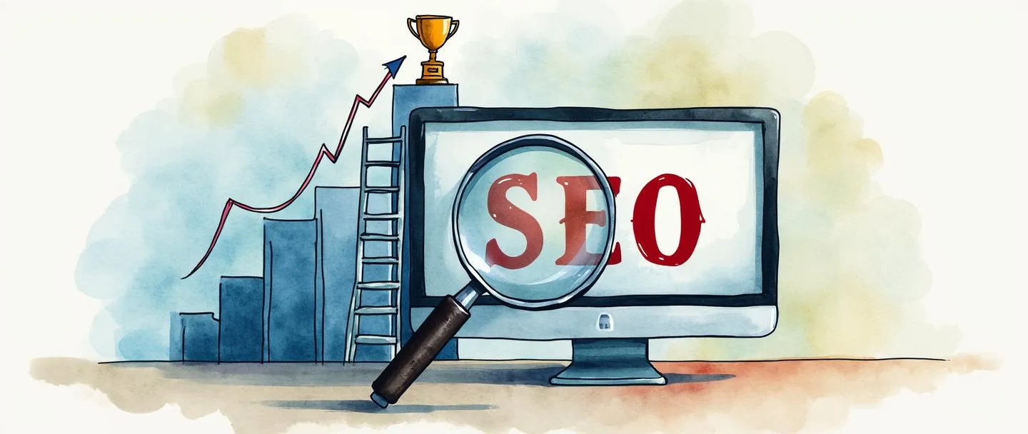Uma pintura digital em aquarela de uma tela de computador exibindo "SEO" em letras grandes com uma lupa pairando sobre ela. Atrás da tela, um simples edifício de escritórios se ergue com uma escada levando ao topo onde um troféu está posicionado. Um gráfico com tendência ascendente conecta o texto SEO ao troféu. Composição simples, cores empresariais, tema de sucesso corporativo.