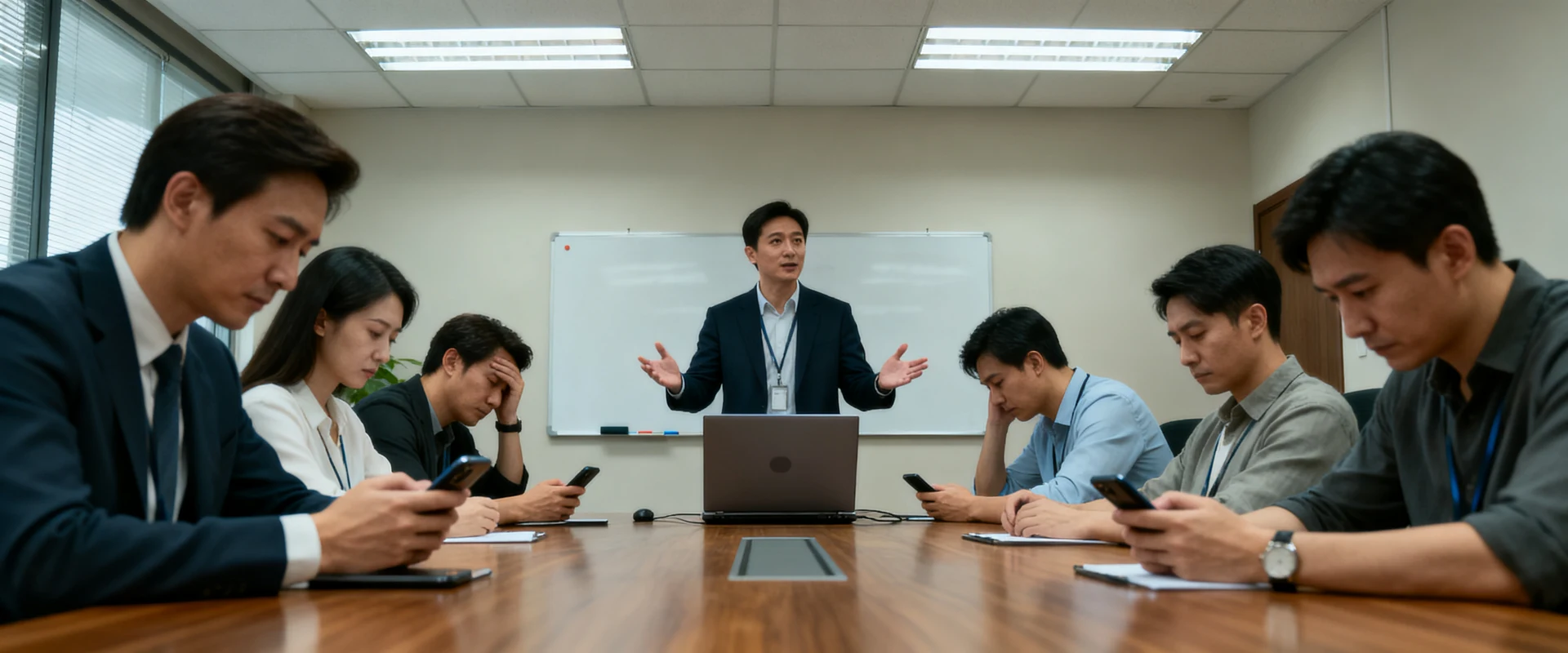 Fotografia editorial ultra-realista de trabalhadores entediados em reunião corporativa, distraídos com celulares enquanto apresentador fala, luz natural, detalhes nítidos, momento autêntico capturado em alta resolução.