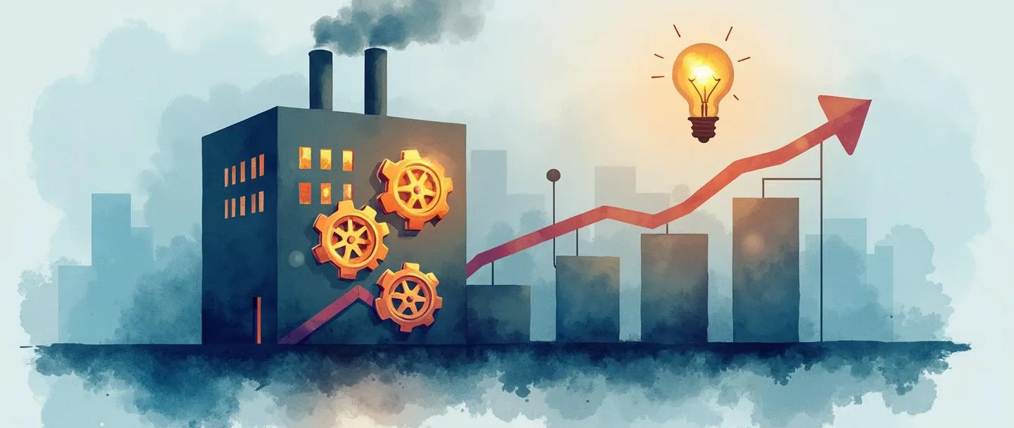 Uma pintura digital em aquarela de um edifício de fábrica com engrenagens brilhantes em seu interior, conectado a um gráfico de barras simples com tendência ascendente. Uma lâmpada brilha acima, iluminando uma bússola que aponta para um alvo. Design minimalista com tons suaves de azul e laranja, transmitindo eficiência operacional e utilidade.