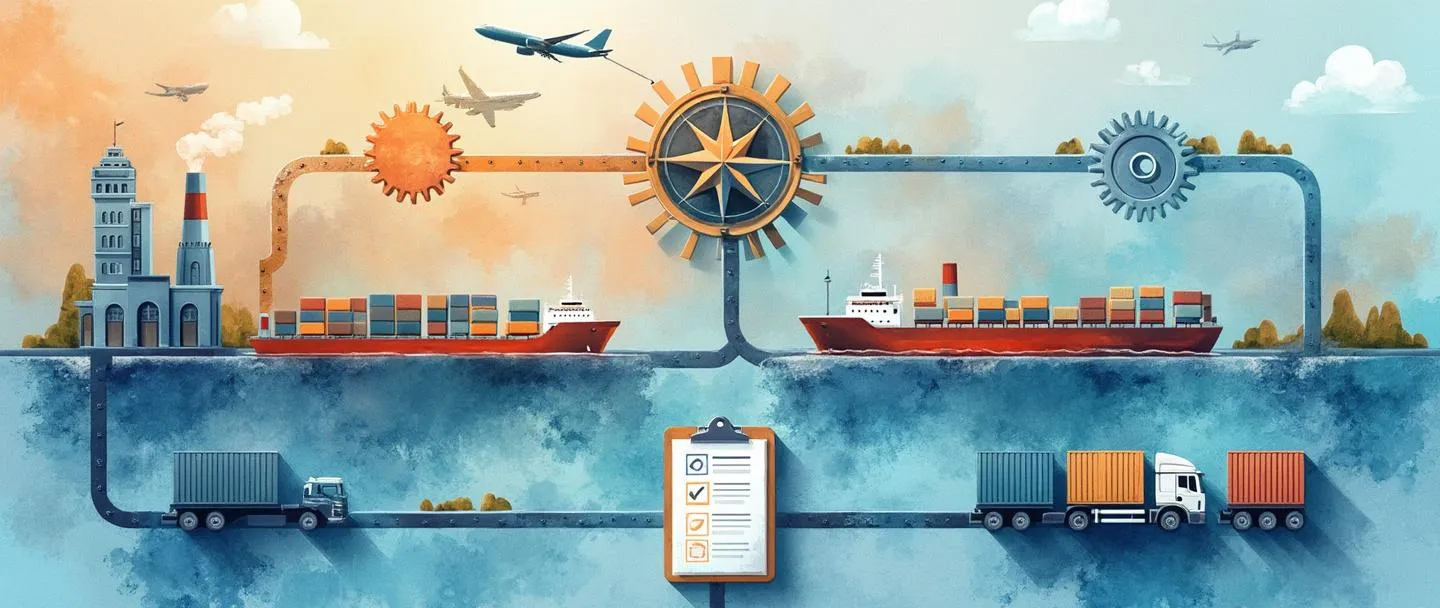 Uma pintura digital em aquarela de contêineres de carga sendo organizados por pequenas engrenagens, com uma bússola guiando caminhões, navios e aviões ao longo de rotas fluidas. Uma prancheta com um fluxograma conecta uma fábrica a um edifício de escritórios. Composição simples com vibrantes tons de azul e laranja, transmitindo movimento eficiente e coordenação.
