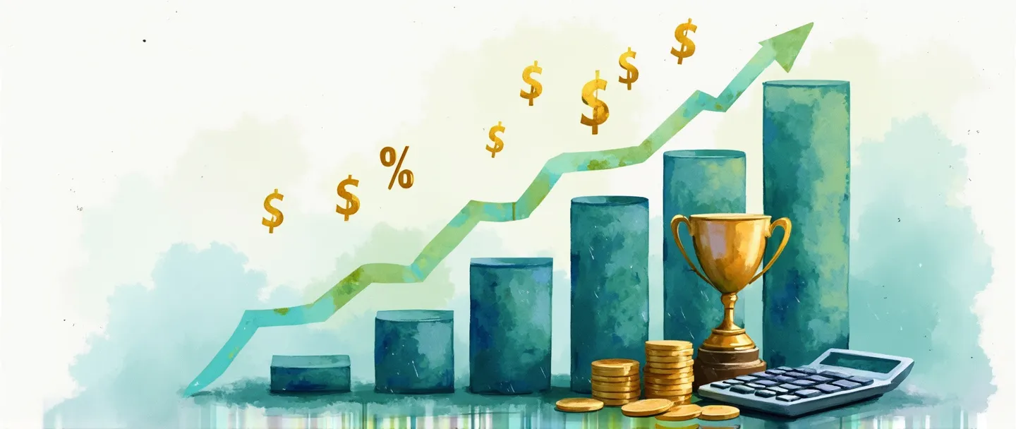 Uma pintura digital em aquarela de um gráfico de barras com tendência ascendente, com cifrões e símbolos de porcentagem flutuando acima dele. Um pequeno troféu dourado está ao lado da barra mais alta, enquanto uma calculadora e moedas estão espalhadas na base. Composição simples com tons suaves de azul e verde, transmitindo crescimento financeiro e lucratividade de vendas.