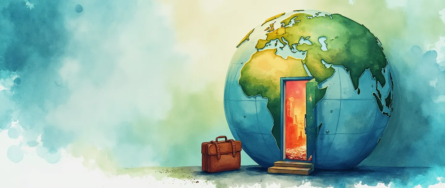 Uma pintura digital em aquarela de um globo com portas se abrindo em sua superfície, revelando novos mercados coloridos em seu interior. Uma pequena maleta de negócios está próxima enquanto uma bússola aponta para territórios inexplorados. Composição simples com azuis e verdes vibrantes, transmitindo oportunidade e expansão.