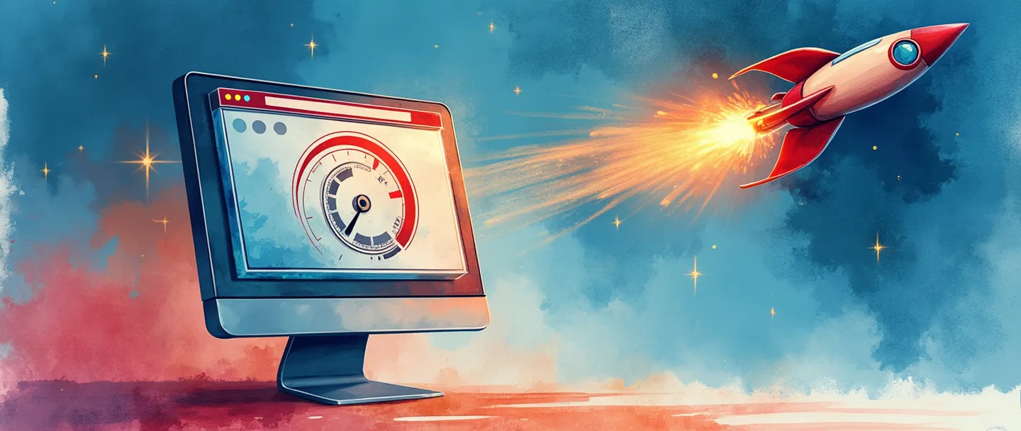 Uma pintura digital em aquarela de um computador com um velocímetro em sua tela, mostrando um foguete atravessando rapidamente uma página da web simplificada. Um cronômetro flutua próximo com raios de luz emanando dele. Composição simples com azuis e vermelhos vibrantes, transmitindo o conceito de velocidade de carregamento de páginas da web.