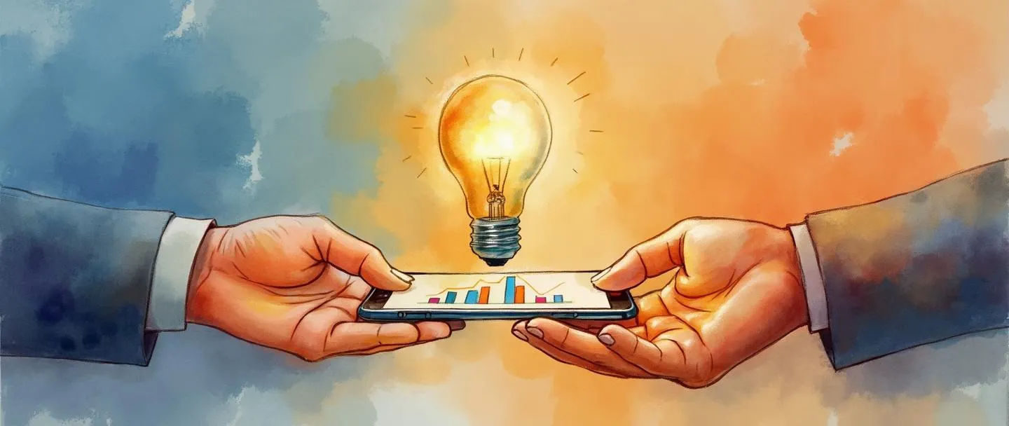 Uma pintura digital em aquarela de duas mãos estendendo-se uma em direção à outra, quase se tocando, com uma mão oferecendo uma lâmpada brilhante. Entre elas flutua um smartphone exibindo um gráfico de barras colorido. Cores quentes e pessoais com um fundo de gradiente suave sugerindo conexão e relacionamentos comerciais personalizados.