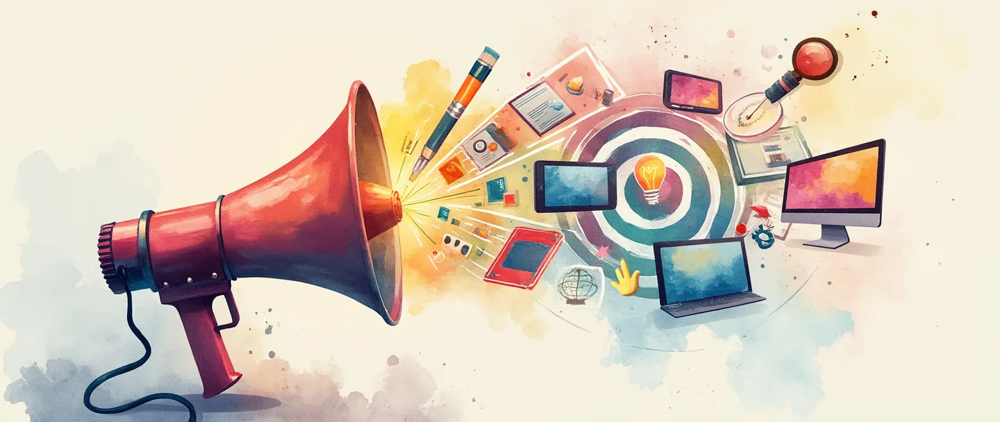 Uma pintura digital em aquarela de um megafone emitindo elementos visuais coloridos como um pincel, câmera e computador. Os elementos visuais fluem em direção a um alvo com uma lâmpada em seu centro. Composição simples com cores vibrantes contra um fundo limpo, transmitindo conceitos de marketing de comunicação visual.