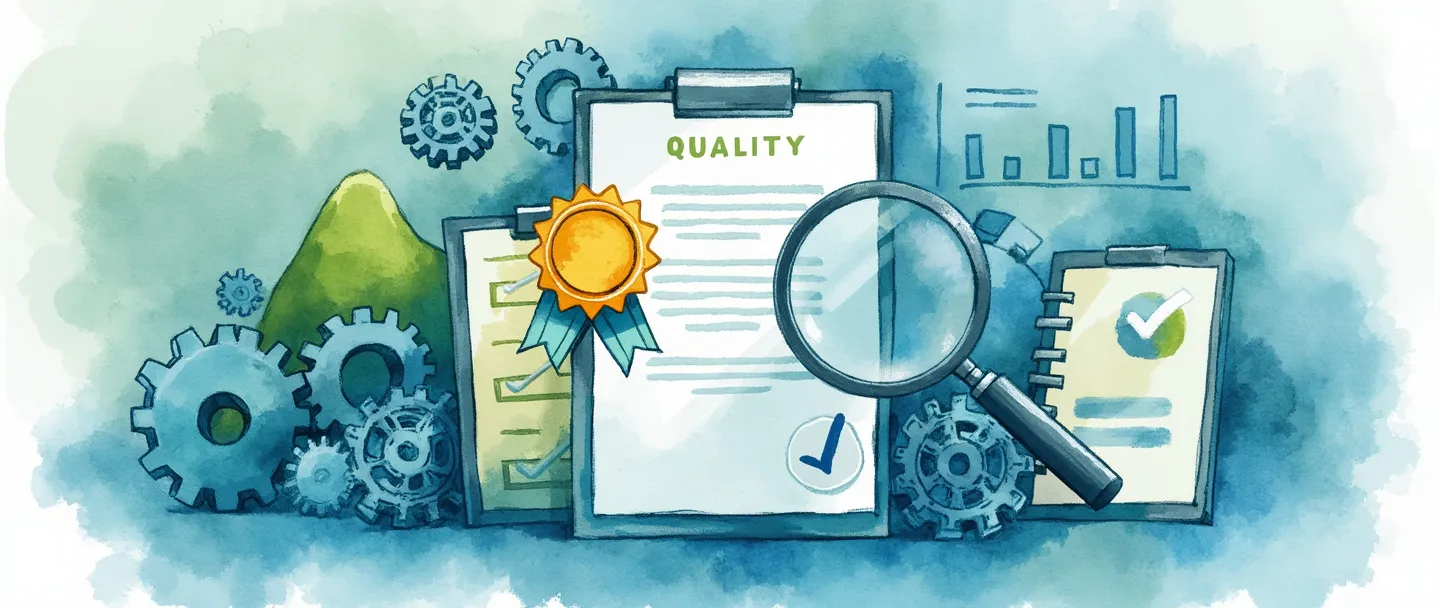 Uma pintura digital em aquarela de uma lupa examinando um certificado com um selo de qualidade. Próximo, pequenas engrenagens representam processos, enquanto uma marca de verificação em uma prancheta significa aprovação. Um gráfico de barras simples mostra melhoria. Composição limpa com tons de azul e verde transmitindo confiança e precisão.