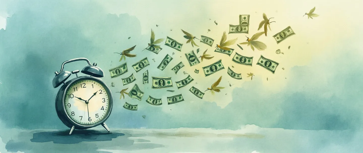 Uma pintura digital em aquarela de um relógio com dinheiro brotando asas, voando para fora dele. Um calendário com uma linha do tempo curta destacada em dourado. Composição simples, tons suaves de azul e verde, transmitindo benefícios financeiros temporários. Linhas limpas, detalhes mínimos, focado no conceito de recompensas de curto prazo.