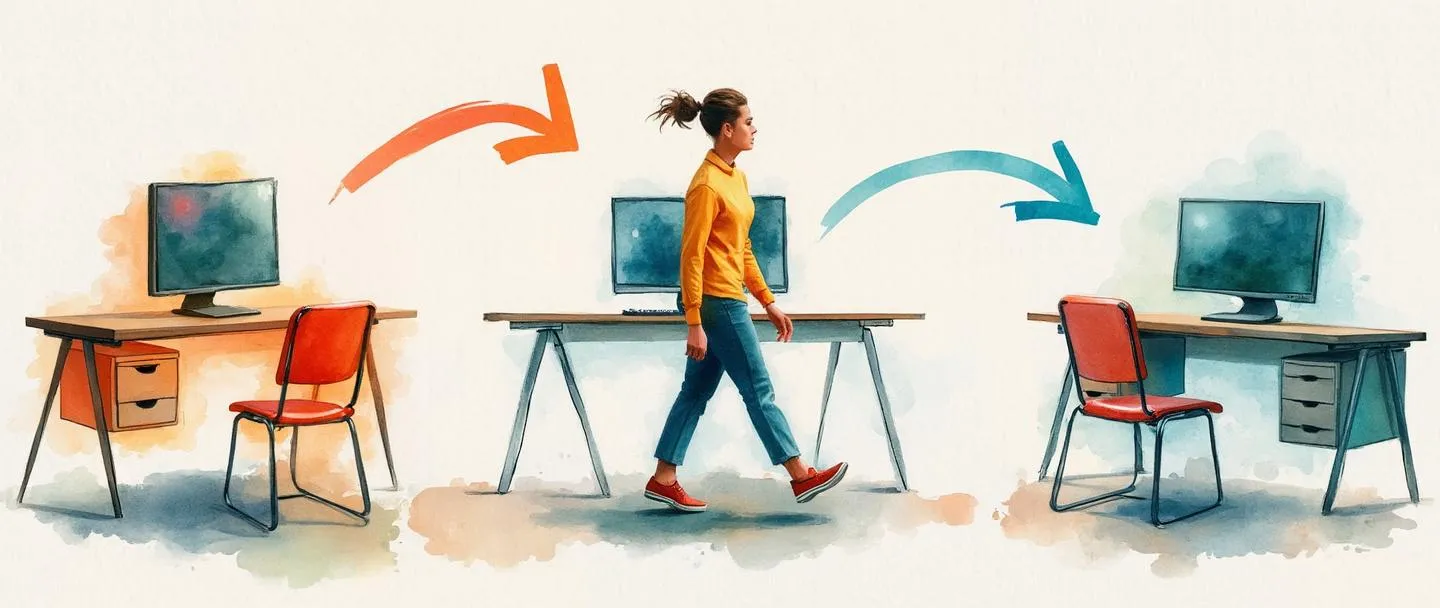 Uma pintura digital em aquarela mostrando uma pessoa se movendo entre três estações de trabalho diferentes, cada uma com uma mesa e computador de cor diferente. Setas conectam as estações em um padrão circular, sugerindo rotação. Composição simples com cores vibrantes, detalhes mínimos e uma sensação de movimento e mudança.