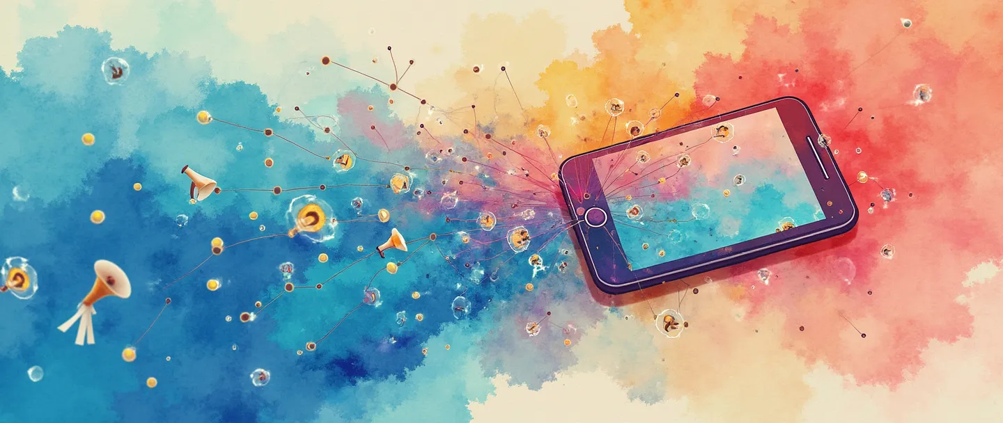 Uma pintura digital em aquarela de uma tela de smartphone exibindo uma mensagem viral com ondulações coloridas se espalhando para fora como ondas. Pequenos megafones flutuam ao redor das bordas, enquanto conexões de rede simplificadas se formam entre pequenos nós brilhantes. Vibrante, porém simples, capturando a essência do conteúdo se espalhando rapidamente através de redes digitais.