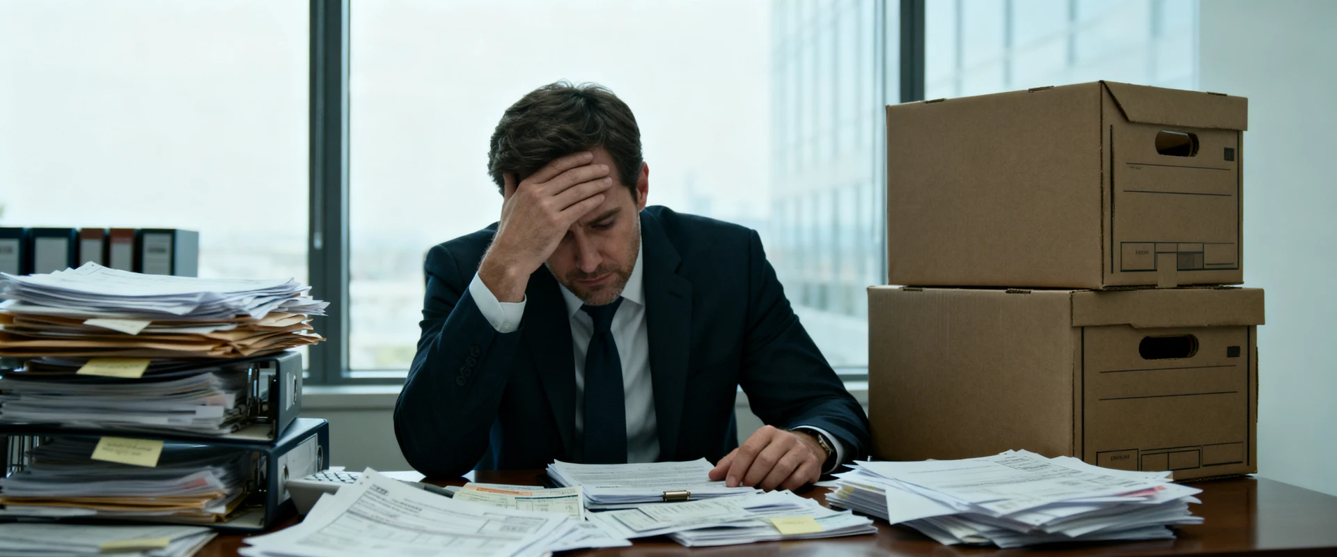 Empresário estressado sentado à mesa cercado por contas não pagas, documentos financeiros e caixas vazias de escritório. Fotografia editorial ultra-realista capturando momento autêntico de dificuldades financeiras nos negócios.
