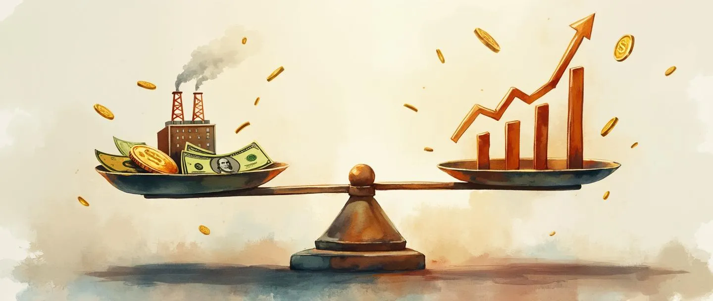 Uma pintura digital em aquarela de uma balança pesando dinheiro de um lado e um gráfico com tendência ascendente do outro. Símbolos econômicos simples como moedas, notas de dinheiro e uma pequena fábrica flutuam suavemente ao redor da balança. Cores quentes com sutis acentos dourados, composição limpa, fundo minimalista.