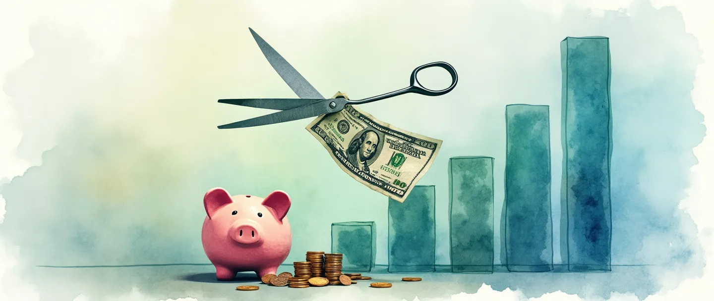 Uma pintura digital em aquarela de uma tesoura cortando uma nota de dólar com um gráfico de barras descendente ao fundo. Um cofrinho de porquinho está próximo, coletando as moedas que caem. Composição simples, tons suaves de azul e verde, transmitindo redução de custos e economia financeira.
