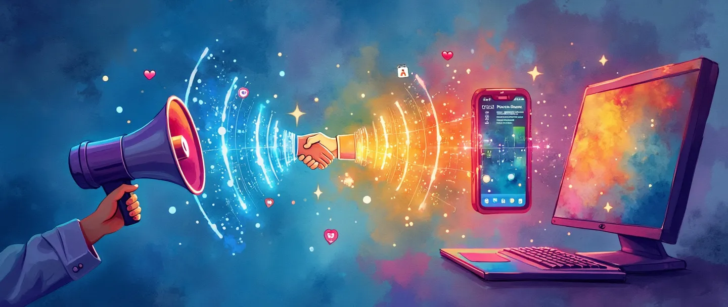 Uma pintura digital em aquarela de um smartphone conectado a um computador por fios brilhantes, com um megafone emitindo ondas coloridas. Um aperto de mãos se forma entre os dispositivos digitais, cercado por pequenos ícones de engajamento como corações e polegares para cima. Composição simples com azuis e roxos vibrantes, transmitindo conexão digital e engajamento.