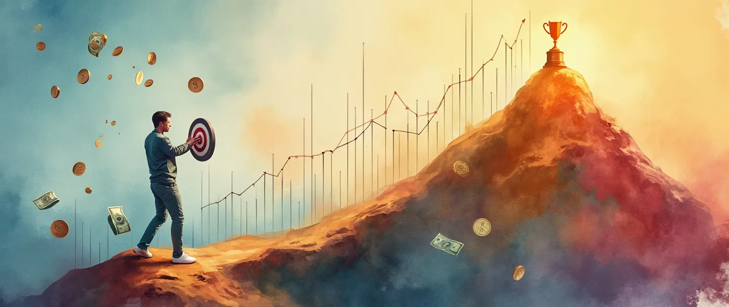 Uma pintura digital em aquarela de uma pessoa estabelecendo uma meta com símbolos financeiros como moedas e notas flutuando ao redor. Um caminho claro leva da pessoa até o pico de uma montanha com um troféu no topo. Um gráfico simples com tendência ascendente aparece no fundo. Cores quentes e inspiradoras transmitem crescimento financeiro e conquista.