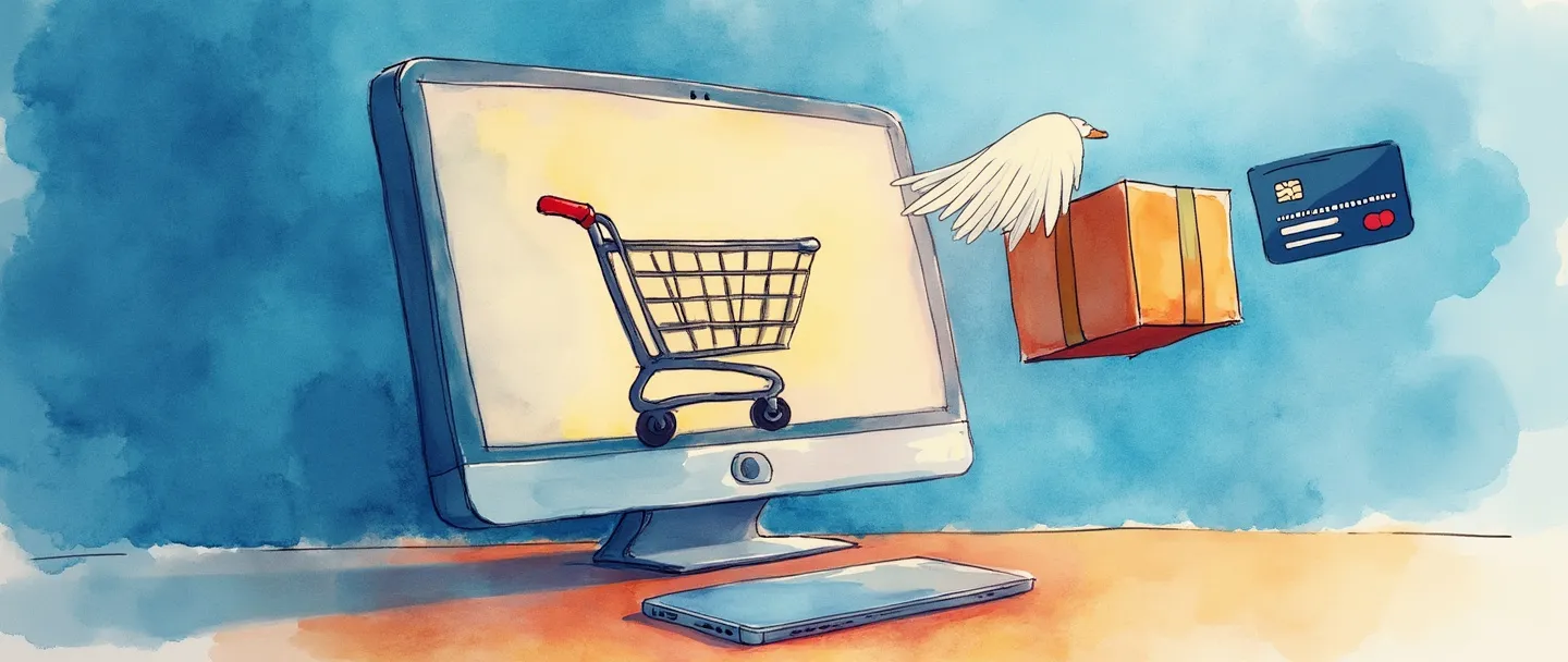 Uma pintura digital em aquarela de uma tela de computador exibindo um carrinho de compras, com um cartão de crédito e um smartphone flutuando próximos. Um pacote com asas voa da tela em direção ao espectador. Composição simples com vibrantes tons de azul e laranja, transmitindo os elementos essenciais de compras online e e-commerce.