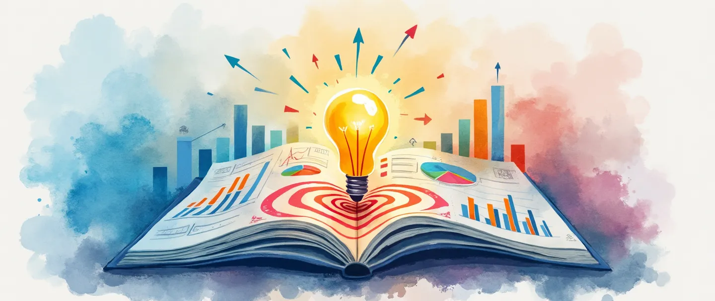 Uma pintura digital em aquarela de um relatório de marketing aberto com gráficos e tabelas coloridos fluindo de suas páginas. Uma lâmpada brilha acima, iluminando um alvo com uma flecha atingindo o centro. Composição simples com azuis e vermelhos vibrantes, transmitindo estratégia e sucesso.