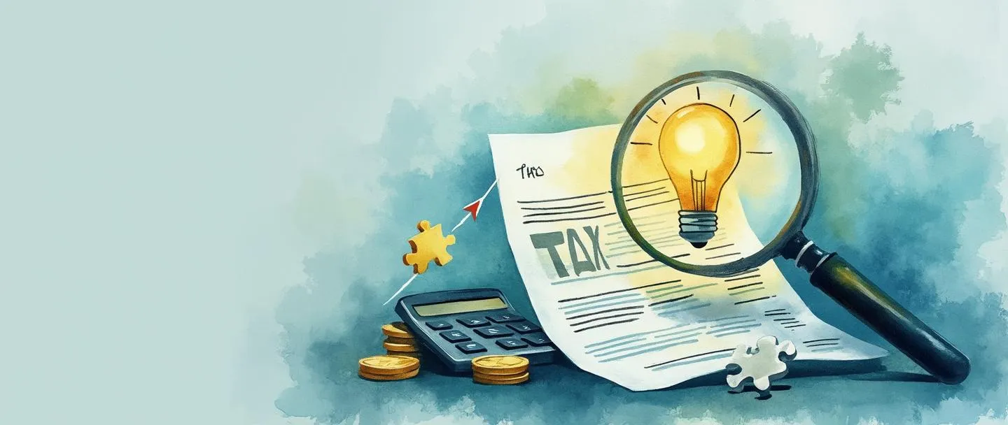 Uma pintura digital em aquarela de uma lupa examinando documentos fiscais com uma lâmpada flutuando acima, lançando um brilho dourado sobre uma calculadora e moedas. Uma peça de quebra-cabeça se conecta a um pequeno gráfico mostrando tendências ascendentes. Composição simples com tons de azul e verde, transmitindo inteligência financeira e otimização.