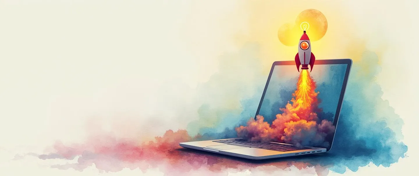 Uma pintura digital em aquarela de um pequeno foguete decolando de um laptop, deixando um rastro colorido enquanto sobe. Uma lâmpada brilha no topo do foguete, simbolizando ideias inovadoras. Composição simples com cores vibrantes contra um fundo limpo, transmitindo o conceito de lançamento de uma startup.