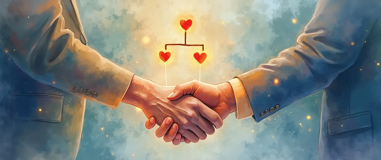Uma pintura digital em aquarela de duas mãos envolvidas em um caloroso aperto de mãos, com uma sutil rede de conexões brilhantes fluindo entre elas. Uma pequena ponte conecta as mãos, simbolizando a construção de relacionamentos. Acima flutua um simples organograma com símbolos de coração conectando os nós. Cores suaves e profissionais com ênfase em confiança e comunicação.