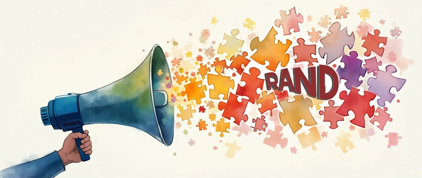 Uma pintura digital em aquarela de um megafone emitindo ondas coloridas que se transformam em um logotipo de marca. As ondas ativam peças de quebra-cabeça que formam uma ponte conectando uma empresa a um público-alvo. Composição simples com cores vibrantes, mostrando a ativação da marca através de marketing estratégico.