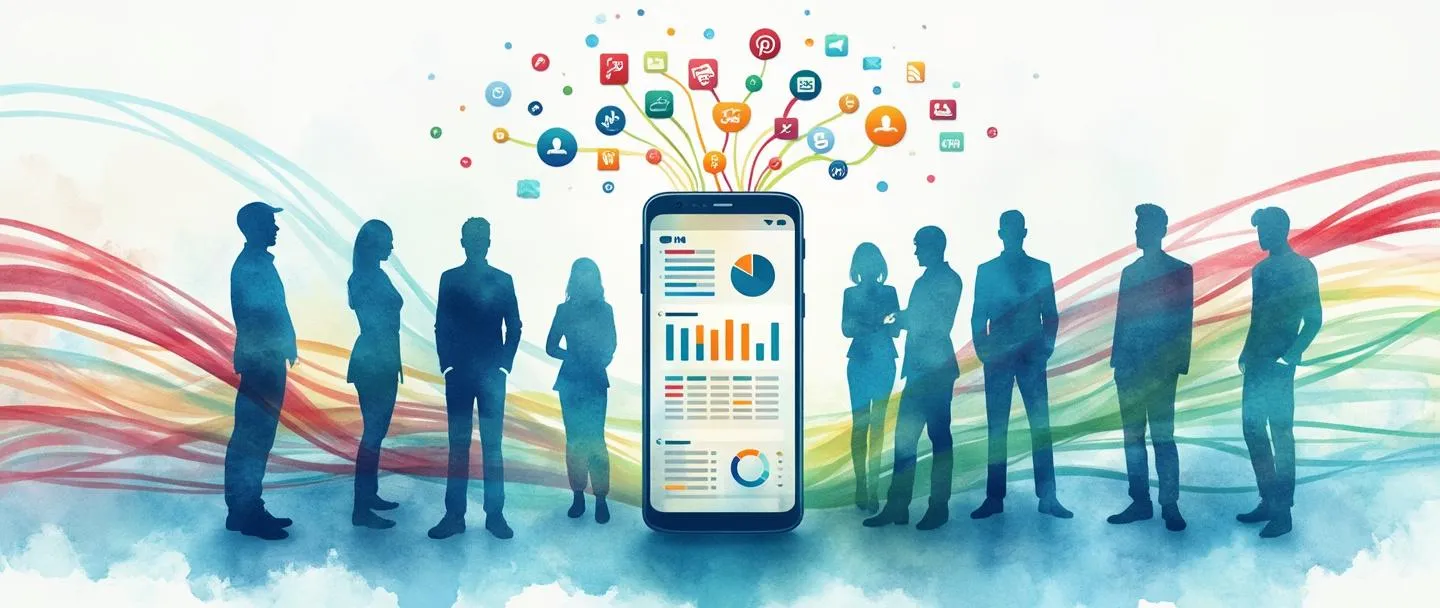Uma pintura digital em aquarela de um smartphone conectado a várias silhuetas de pessoas por linhas fluidas e coloridas. Um painel de CRM aparece na tela com ícones de mídias sociais flutuando acima. Composição simples com tons vibrantes de azul e verde, transmitindo conexão social e gestão de relacionamento com o cliente.