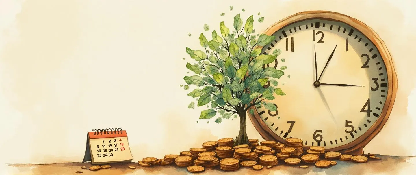 Uma pintura digital em aquarela de um relógio com dinheiro crescendo dele como uma árvore, com pequenas moedas na parte inferior e grandes notas na parte superior. Um calendário se estende à distância, mostrando a passagem do tempo. Composição simples com cores quentes, transmitindo crescimento financeiro a longo prazo.