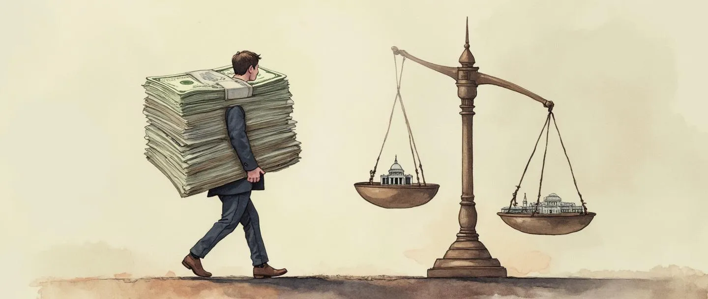 Uma pintura digital em aquarela de uma pessoa carregando uma pilha pesada de dinheiro enquanto balanças de justiça governamentais pesam documentos fiscais de um lado e serviços públicos do outro. Composição simples com cores suaves mostrando o equilíbrio entre tributação e benefícios sociais.