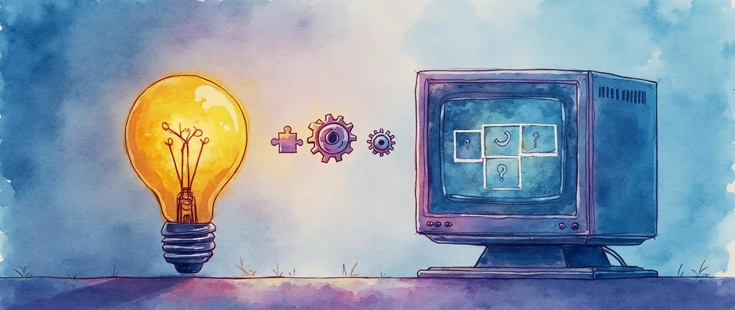 Uma pintura digital em aquarela de uma lâmpada brilhante com padrões de circuitos dentro, conectada a um computador simplificado. Pequenas engrenagens flutuam entre eles, com uma peça de quebra-cabeça completando a conexão. Composição simples com tons de azul e roxo, representando unidades de inteligência artificial trabalhando juntas harmoniosamente.